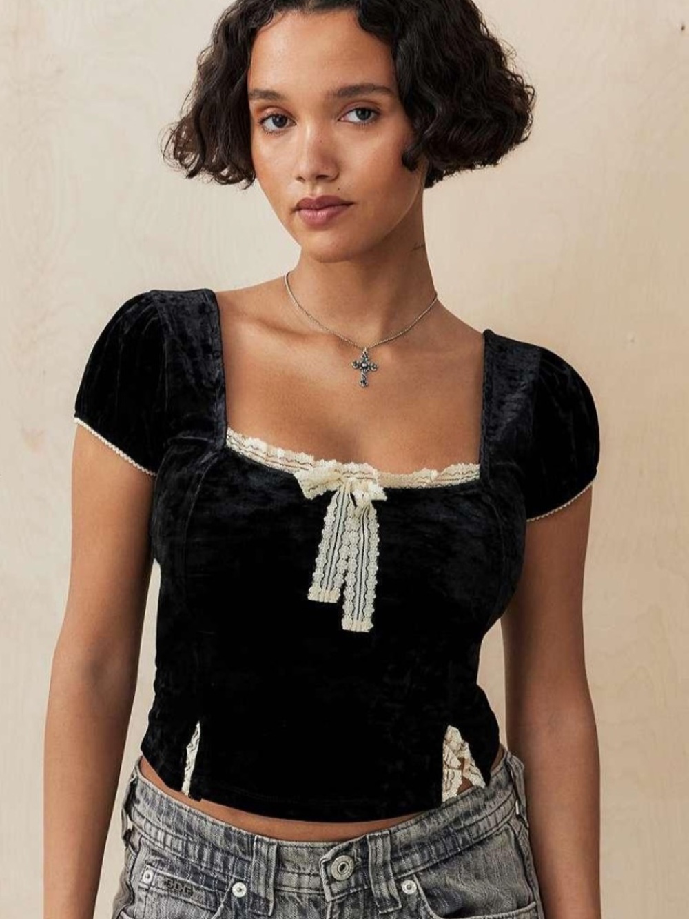 Urban Outfitters Kimchi Rosa Square Neck Velvet Blouse